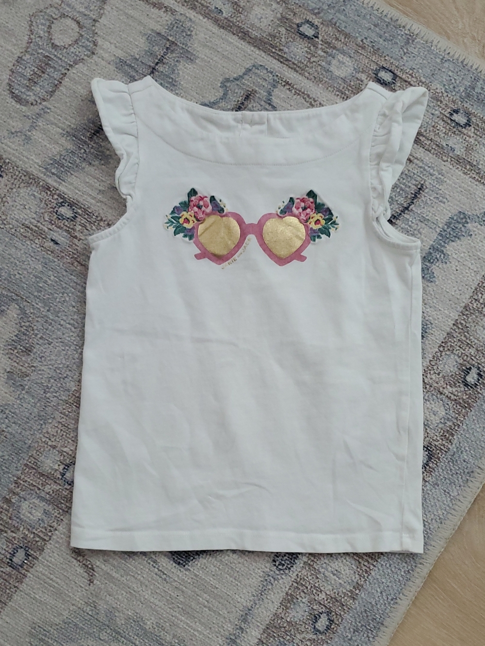 Janie and Jack Girls White Ruffle Sleeve Sunglasses Flower Shirt Top Sz6